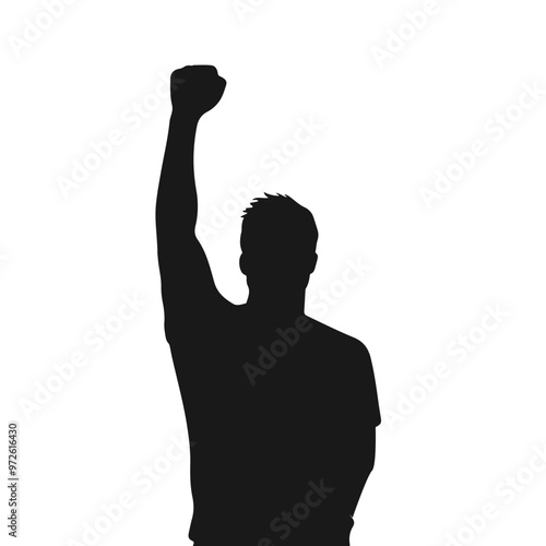 Vector silhouette of the man raised his hand up isolated on white background