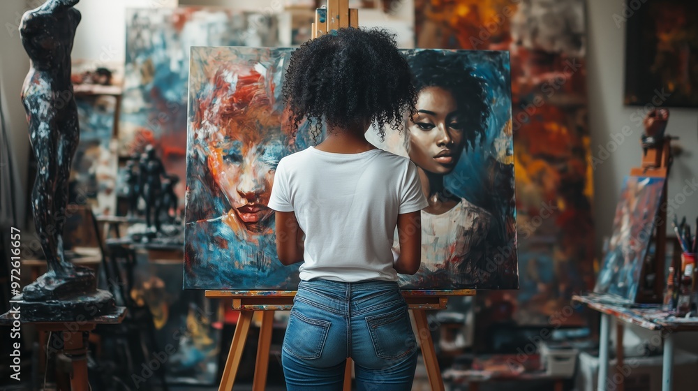 Full-body photograph of an African American woman in jeans and a white t-shirt, standing at an easel with a canvas on it, painting a portrait Full-body photograph of an African American woman in jeans and a white t-shirt, standing at an easel with a canvas on it, painting a portrait