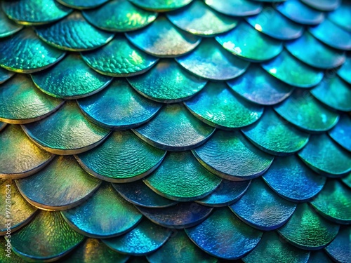 Iridescent fish scales shimmer in blues and greens, overlapping in a mesmerizing pattern on a sleek, silver body, photo