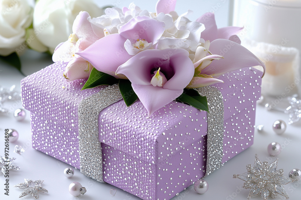A purple box with a white flower on top. The box is decorated with glitter and has a silver ribbon A purple box with a white flower on top. The box is decorated with glitter and has a silver ribbon