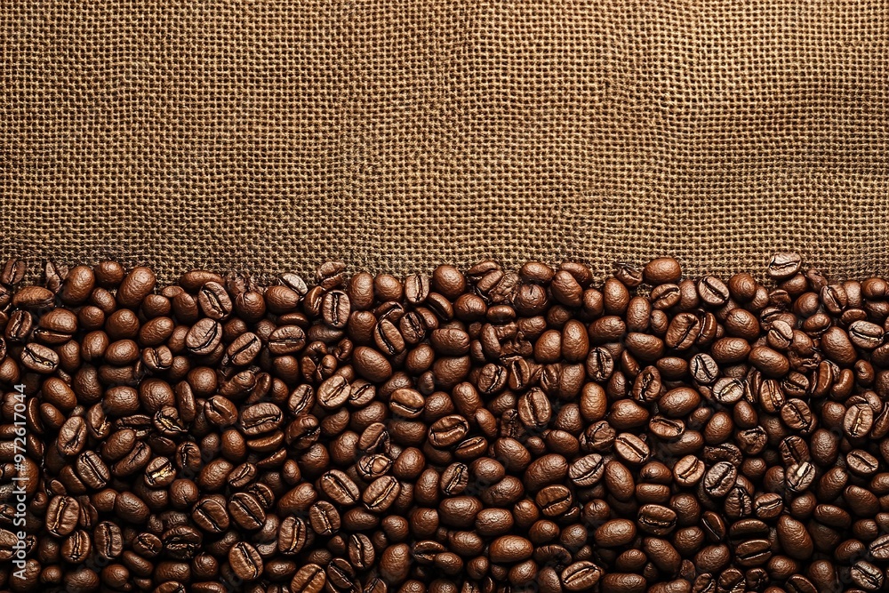 Coffee beans on hessian texture, rich brown tones Coffee beans on hessian texture, rich brown tones