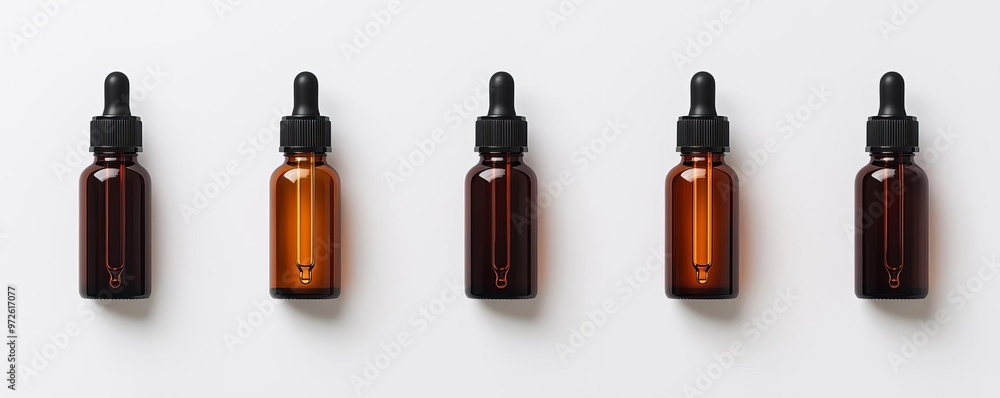 A stylish arrangement of amber droppers on a minimalistic surface, showcasing elegance and modern design for skincare products. A stylish arrangement of amber droppers on a minimalistic surface, showcasing elegance and modern design for skincare products.