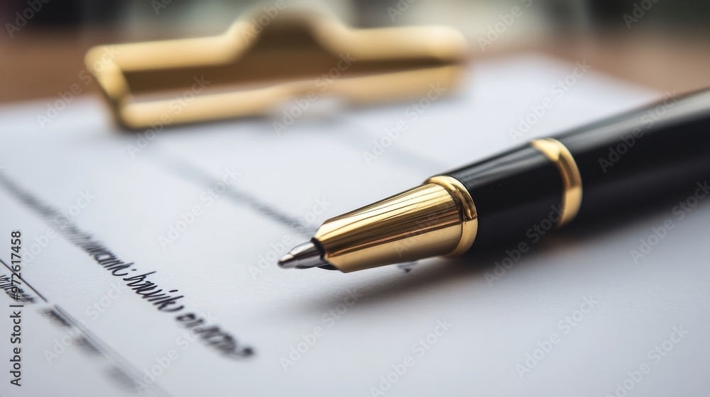 A close-up of a stylish pen resting on a blank document with a clipboard in a professional office setting during the daytime A close-up of a stylish pen resting on a blank document with a clipboard in a professional office setting during the daytime