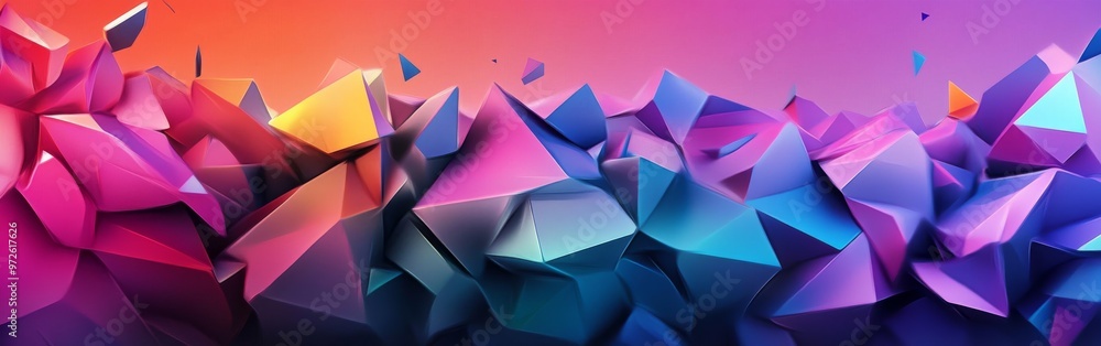 Vibrant abstract landscape with colorful, sharp-edged shapes set against a gradient sky during twilight Vibrant abstract landscape with colorful, sharp-edged shapes set against a gradient sky during twilight