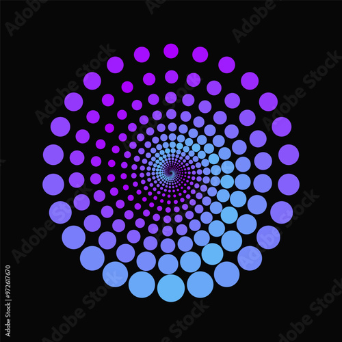 Dots that makes circle with spiral optical illusion effect. Abstract halftone pattern.