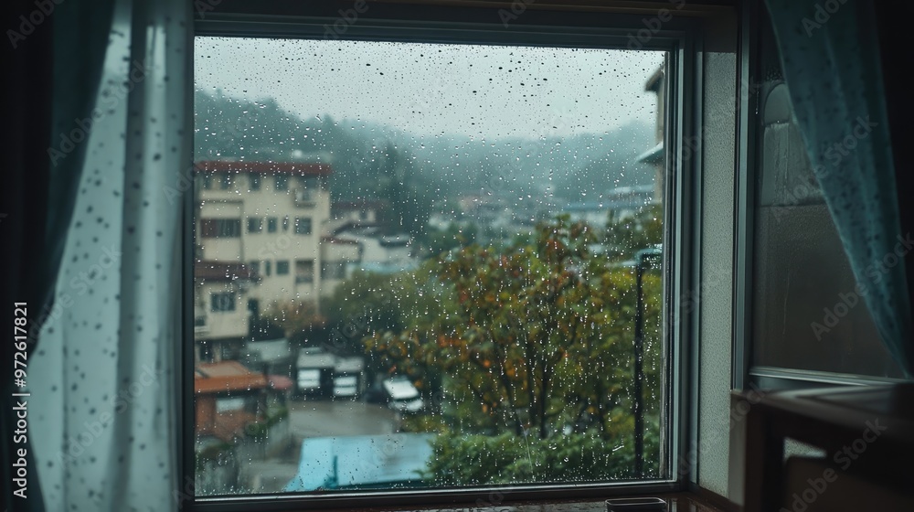Rain Drops on Glass Window, Showcasing a Moody Rainy Day Scene Rain Drops on Glass Window, Showcasing a Moody Rainy Day Scene