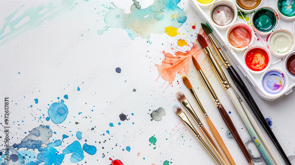 Watercolor palette and brushes on a white background, in a flat lay. Watercolor palette and brushes on a white background, in a flat lay.