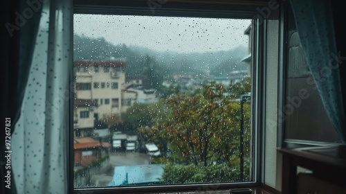 Rain Drops on Glass Window, Showcasing a Moody Rainy Day Scene