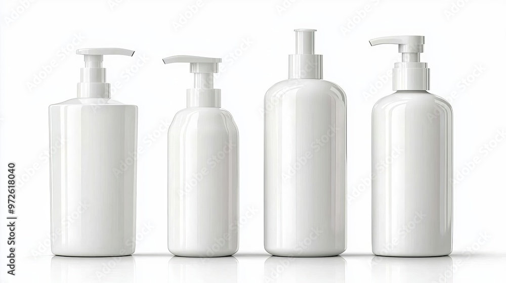 Set of four clean white bottles with dispensers on a bright background, ideal for branding and product packaging. Set of four clean white bottles with dispensers on a bright background, ideal for branding and product packaging.