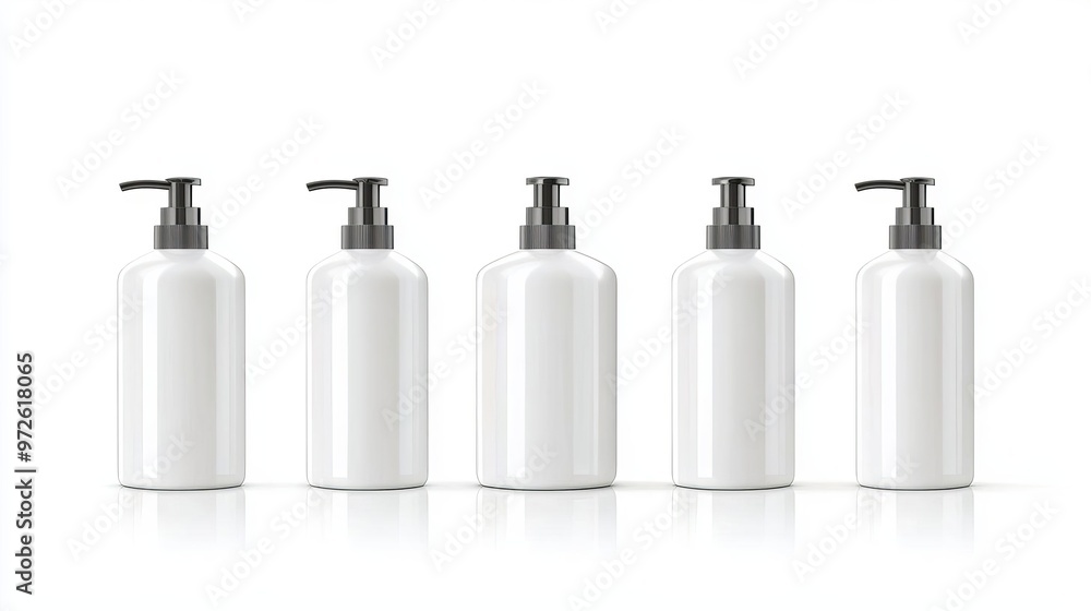 Five sleek white bottles with pumps, ideal for personal care or cosmetic products. Perfect for minimalist packaging designs. Five sleek white bottles with pumps, ideal for personal care or cosmetic products. Perfect for minimalist packaging designs.