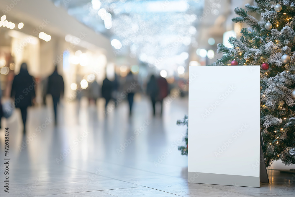 An empty poster mock-up for advertisement in a shopping center; a blank white billboard template surrounded by Christmas conifer decoration An empty poster mock-up for advertisement in a shopping center; a blank white billboard template surrounded by Christmas conifer decoration