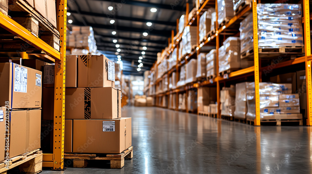 Interior view of a spacious warehouse filled with stacked boxes and pallets, showcasing organized storage and efficient logistics. Interior view of a spacious warehouse filled with stacked boxes and pallets, showcasing organized storage and efficient logistics.