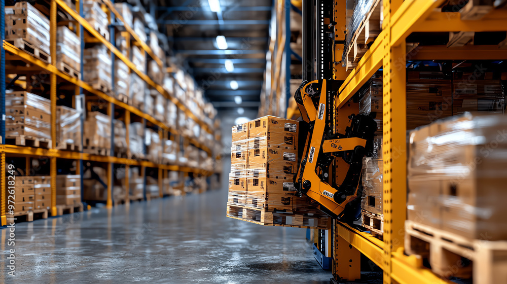A modern warehouse interior with organized shelves filled with pallets and a robotic arm for efficient inventory management. A modern warehouse interior with organized shelves filled with pallets and a robotic arm for efficient inventory management.