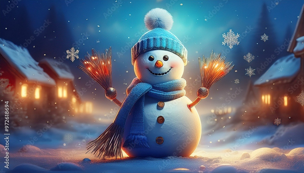 Obraz premium 雪だるま、スノーマン、冬、クリスマス、マフラー、ほうき、笑顔、雪景色、夜、雪の結晶、かわいい、温かい光、ホリデーシーズン、冬の村、ファンタジー