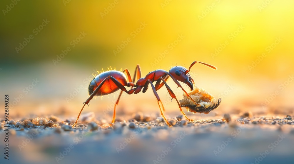 An ant carries a piece of food across a sandy surface during golden hour in a natural outdoor setting An ant carries a piece of food across a sandy surface during golden hour in a natural outdoor setting