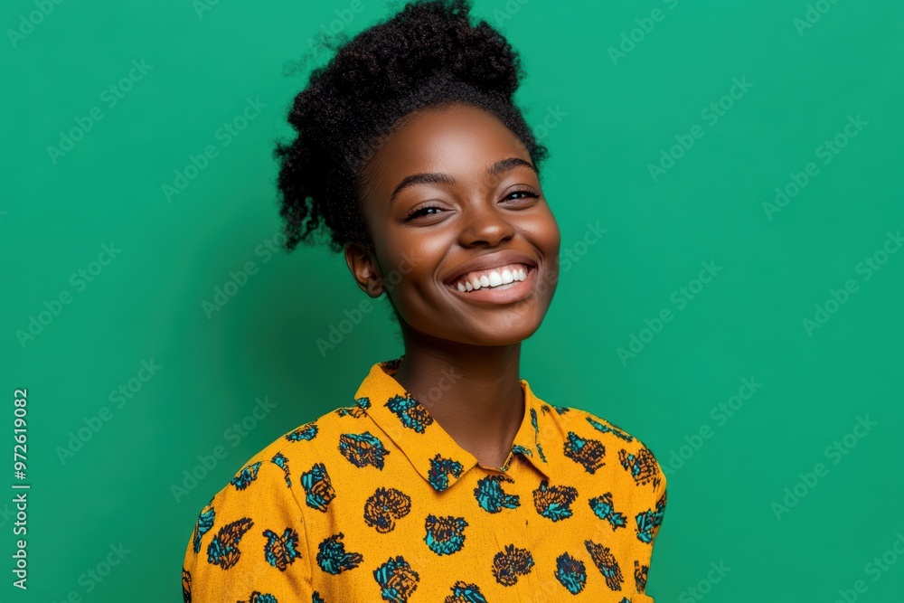 Smiling Woman With Afro Hair On Green Background, Generative AI. Smiling Woman With Afro Hair On Green Background, Generative AI.
