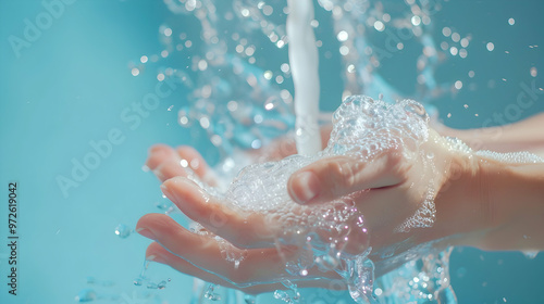 Woman washing cleaning hands by both two hands purity transparent water blue background copy space. People lifestyle hygiene medical nature protective wellness. World environment day World water day