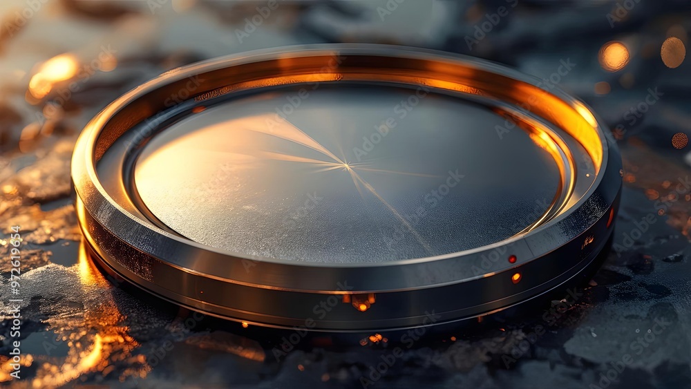 Reflective metal disc in golden light, futuristic, cool tones, perfect for tech advertisement Reflective metal disc in golden light, futuristic, cool tones, perfect for tech advertisement