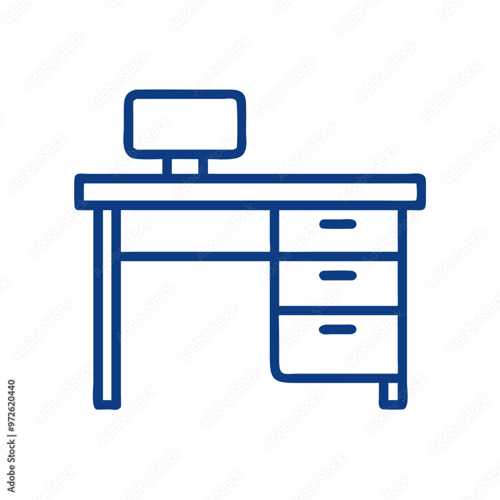 Office desk with a computer icon in minimalist style and blue color Office desk with a computer icon in minimalist style and blue color
