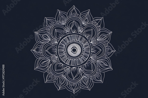 A flat art-style mandala featuring intricate symmetrical patterns and geometric shapes. The design radiates from the center with vibrant colors and balanced elements