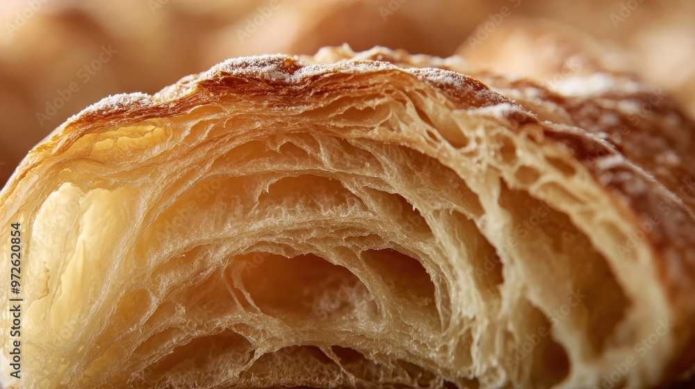 Freshly baked croissant highlighting golden, flaky layers, showcasing artisanal pastry skill in a cozy bakery setting Freshly baked croissant highlighting golden, flaky layers, showcasing artisanal pastry skill in a cozy bakery setting