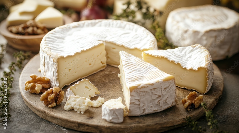 A beautifully arranged cheeseboard featuring freshly cut brie, walnuts, and herbs on a rustic wooden serving platter A beautifully arranged cheeseboard featuring freshly cut brie, walnuts, and herbs on a rustic wooden serving platter
