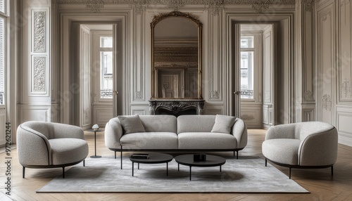 Elegant Interior Design Modern Living Room With Gray Sofa, Beige Armchairs, and Stylish Decor