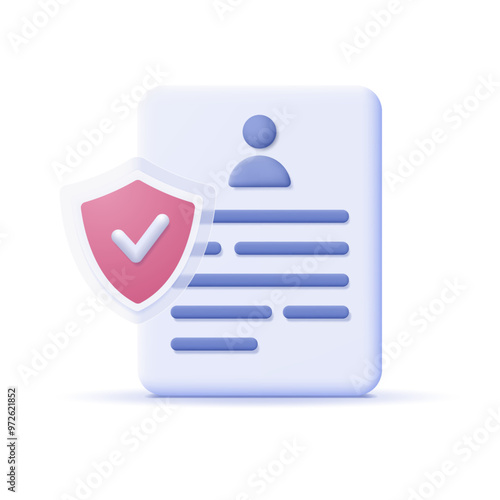 Document with contact protected by shield with check mark. Concept of security and protection of documents, data or finance. Vector illustration.