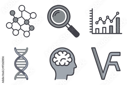 Grayscale Research Icons: Science and Analysis Concepts