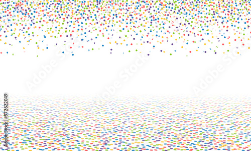 Falling colorful bright and lying on the floor confetti with free space in the center isolated on light background. Vector illustration.
