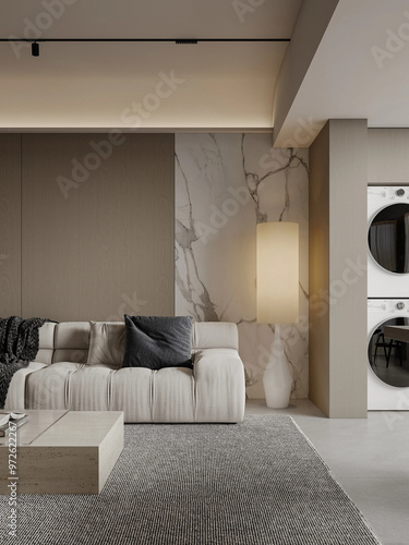 Modern living room with laundry area and decor.