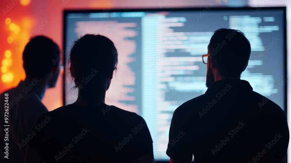 Developers reviewing code on a large screen in a tech-driven office environment. Collaborative software project with digital screens and teamwork. Developers reviewing code on a large screen in a tech-driven office environment. Collaborative software project with digital screens and teamwork.