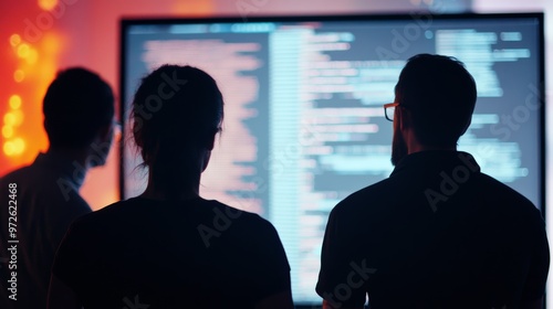 Developers reviewing code on a large screen in a tech-driven office environment. Collaborative software project with digital screens and teamwork.