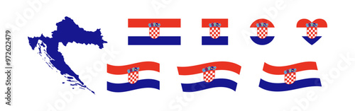 Croatia map and flag icon. Set of national Croatia country symbol. Isolated Vector
