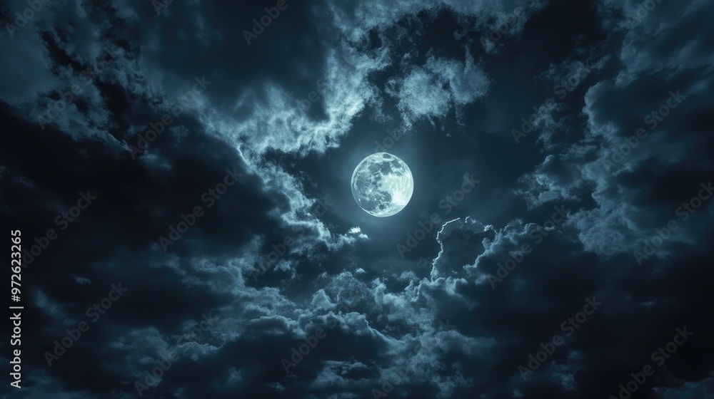 A cloudy night sky with the moon peeking through gaps in the clouds, casting eerie shadows below. A cloudy night sky with the moon peeking through gaps in the clouds, casting eerie shadows below.