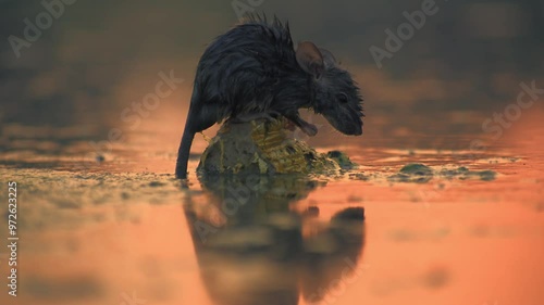 Wet rat shivering and get stuck on a small stone middle of river meanwhile sunset light reflecting on water hd footage in slow motion