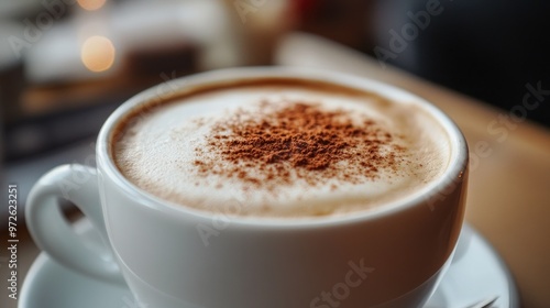 A close-up of a white coffee cup filled with frothy cappuccino, topped with cinnamon.