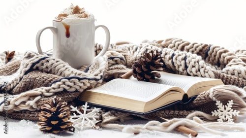 A cup of coffee is on a blanket next to a book