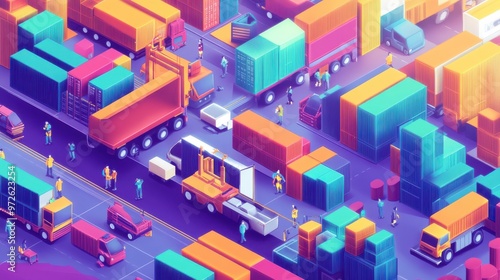 Colorful animated depiction of a busy shipping port with trucks, containers, and workers during daylight