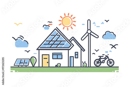 solar panel and wind turbine together, symbolizing renewable energy and eco-friendly power generation in flat art style