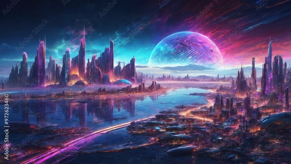 Fototapeta premium alien planet, fiction fantasy, illustration of city