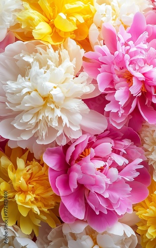 Vibrant peony blossoms in full bloom: pink, yellow, and white petals