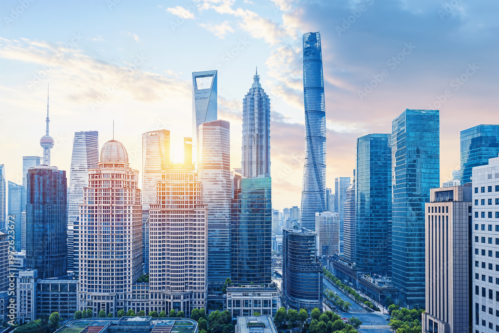 Panorama of a city with skyscrapers, modern glass and steel office buildings and streets