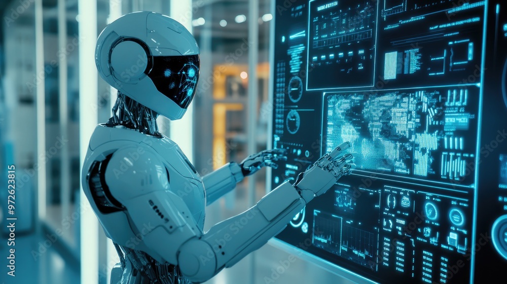 A futuristic robot analyzing data on a holographic screen, in a research lab setting. A futuristic robot analyzing data on a holographic screen, in a research lab setting.