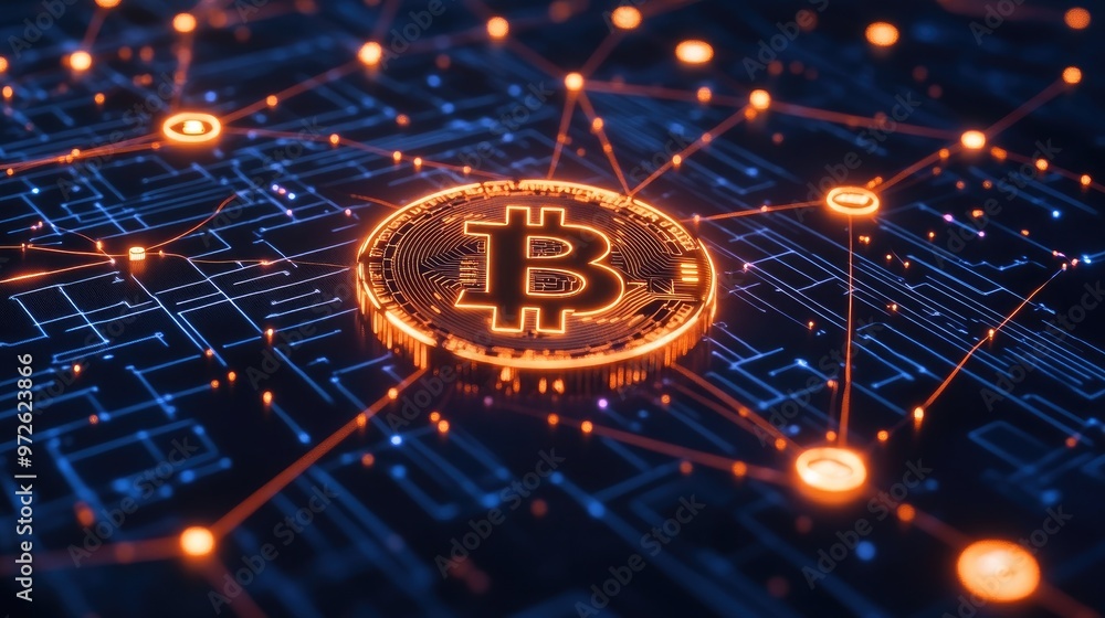 A glowing Bitcoin logo hovering over a dark background, surrounded by interconnected blockchain symbols. A glowing Bitcoin logo hovering over a dark background, surrounded by interconnected blockchain symbols.