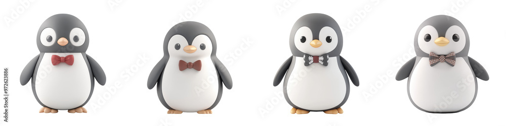 A charming collection of cartoon penguins dressed in bows, perfect for children's themes and fun winter designs. A charming collection of cartoon penguins dressed in bows, perfect for children's themes and fun winter designs.
