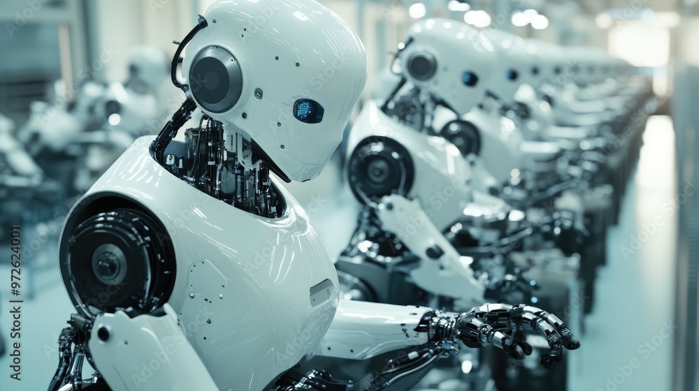 A group of robots working alongside humans in an advanced manufacturing facility. A group of robots working alongside humans in an advanced manufacturing facility.