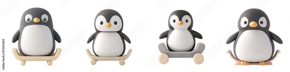 Obraz premium Adorable cartoon penguins enjoying a snowy day, perfect for children's themes, winter events, or cute character designs.