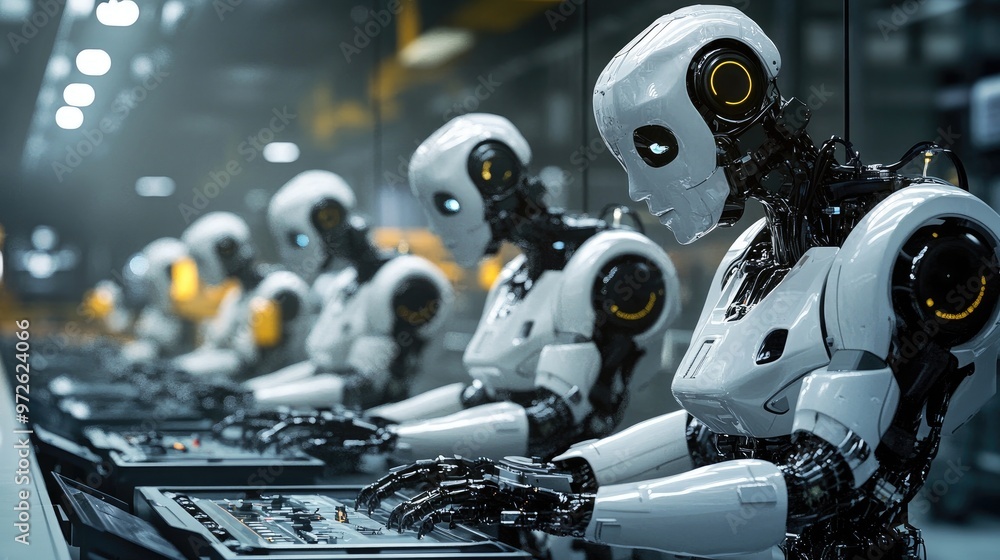 Fototapeta premium A group of robots working alongside humans in an advanced manufacturing facility.