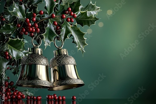 Christmas bells and holly with red berries on green background